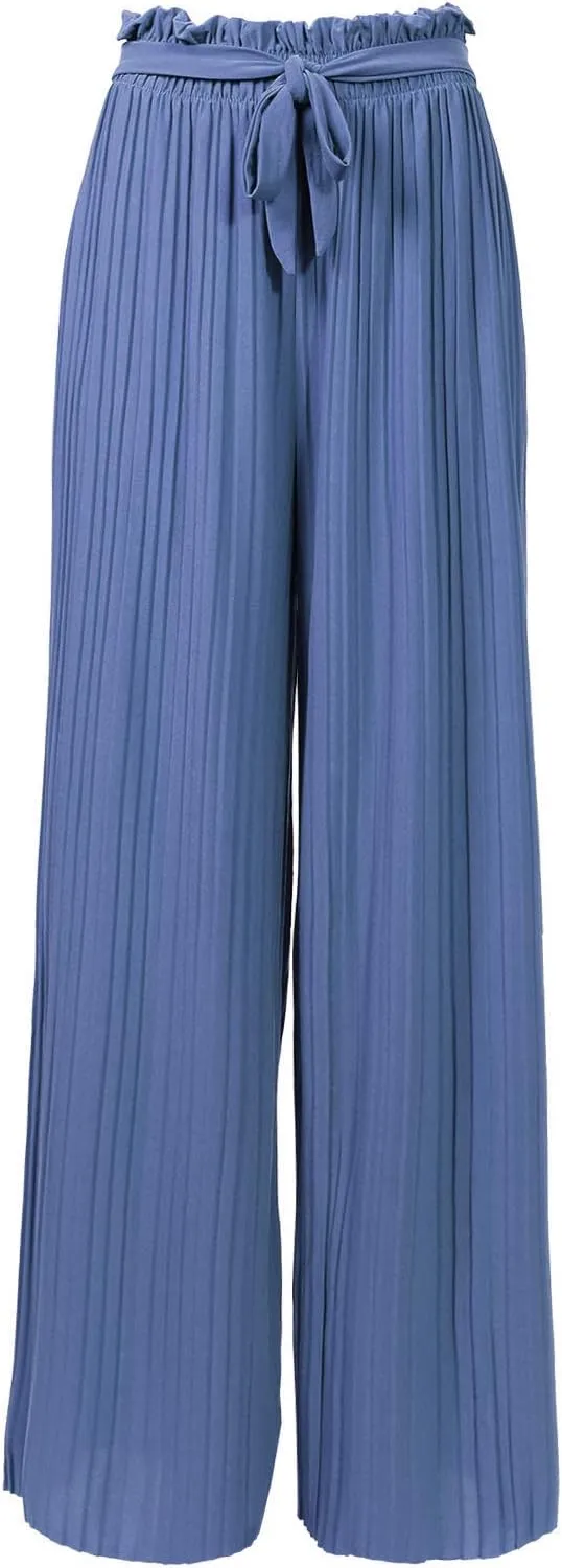 Design by Olivia Women's Ribbon Tie Chiffon Loose Pleated Wide Leg Palazzo Pants