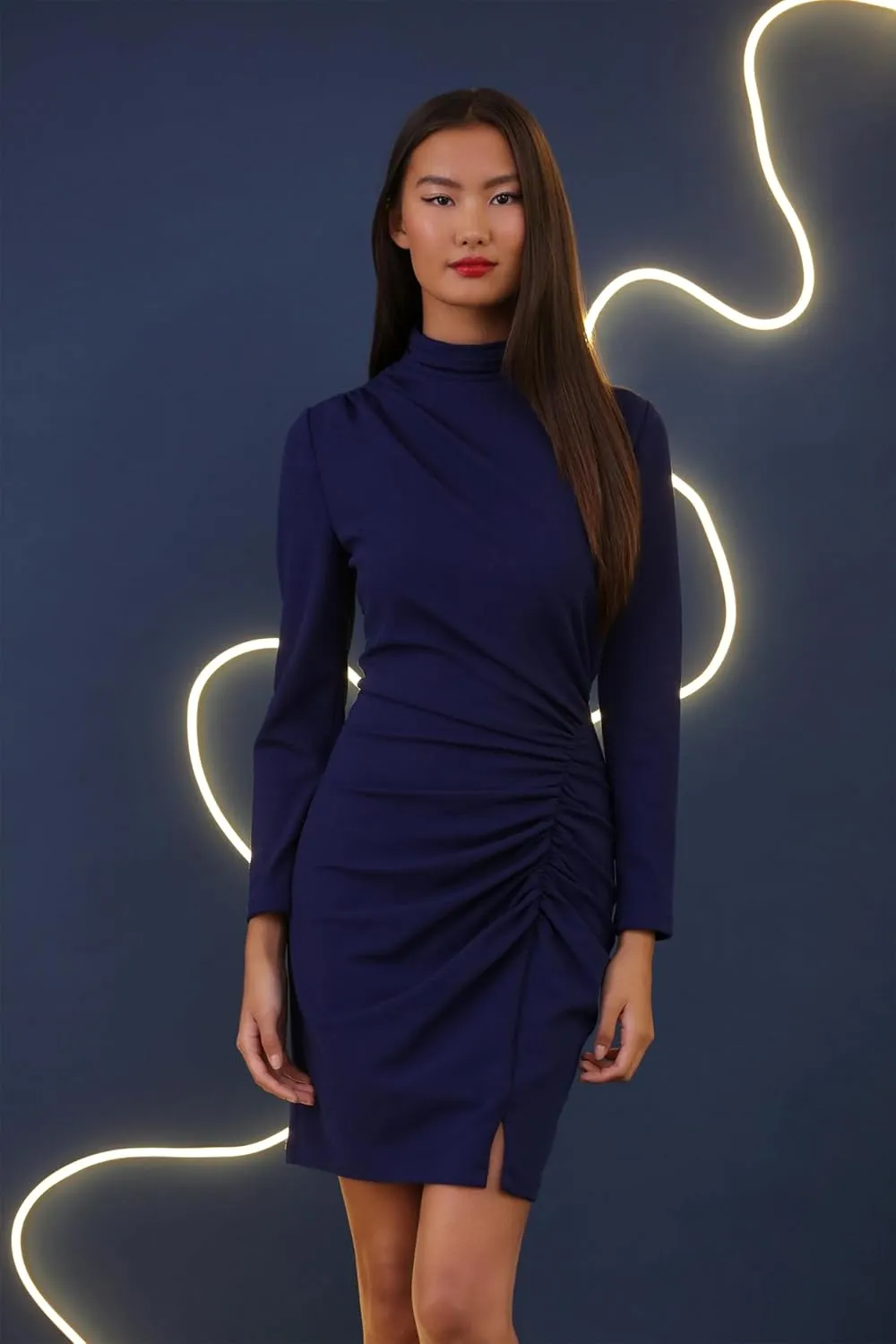 Donna Morgan Women's Long Sleeve Mock Neck Gathered Mini Dress