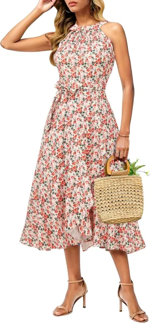 Dressystar Women's Floral Halter Dress 2025 Ruffles Long Summer Beach Wedding Guest Dresses Vacation Sundress