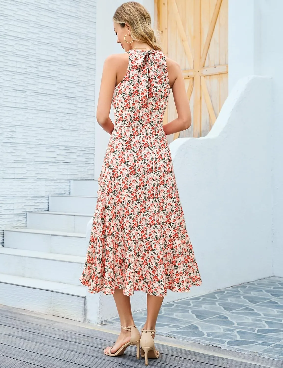 Dressystar Women's Floral Halter Dress 2025 Ruffles Long Summer Beach Wedding Guest Dresses Vacation Sundress