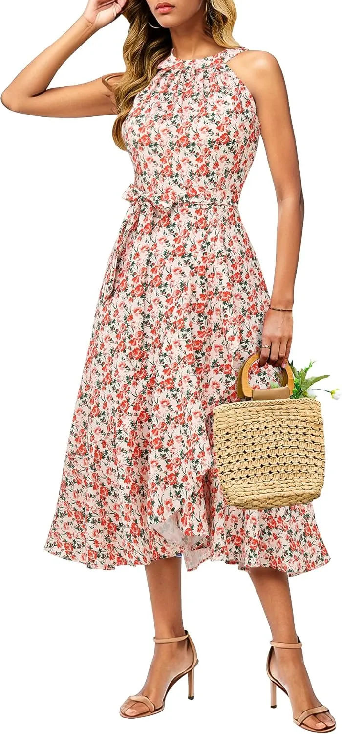 Dressystar Women's Floral Halter Dress 2025 Ruffles Long Summer Beach Wedding Guest Dresses Vacation Sundress