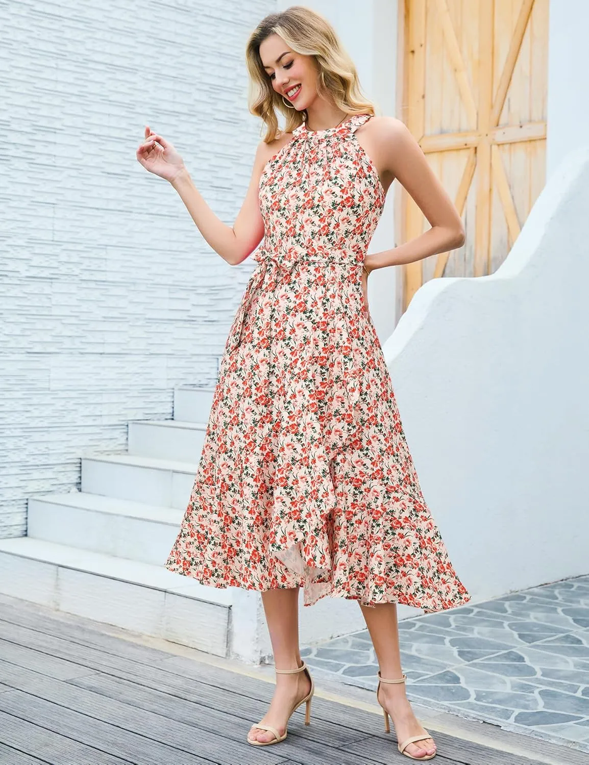 Dressystar Women's Floral Halter Dress 2025 Ruffles Long Summer Beach Wedding Guest Dresses Vacation Sundress