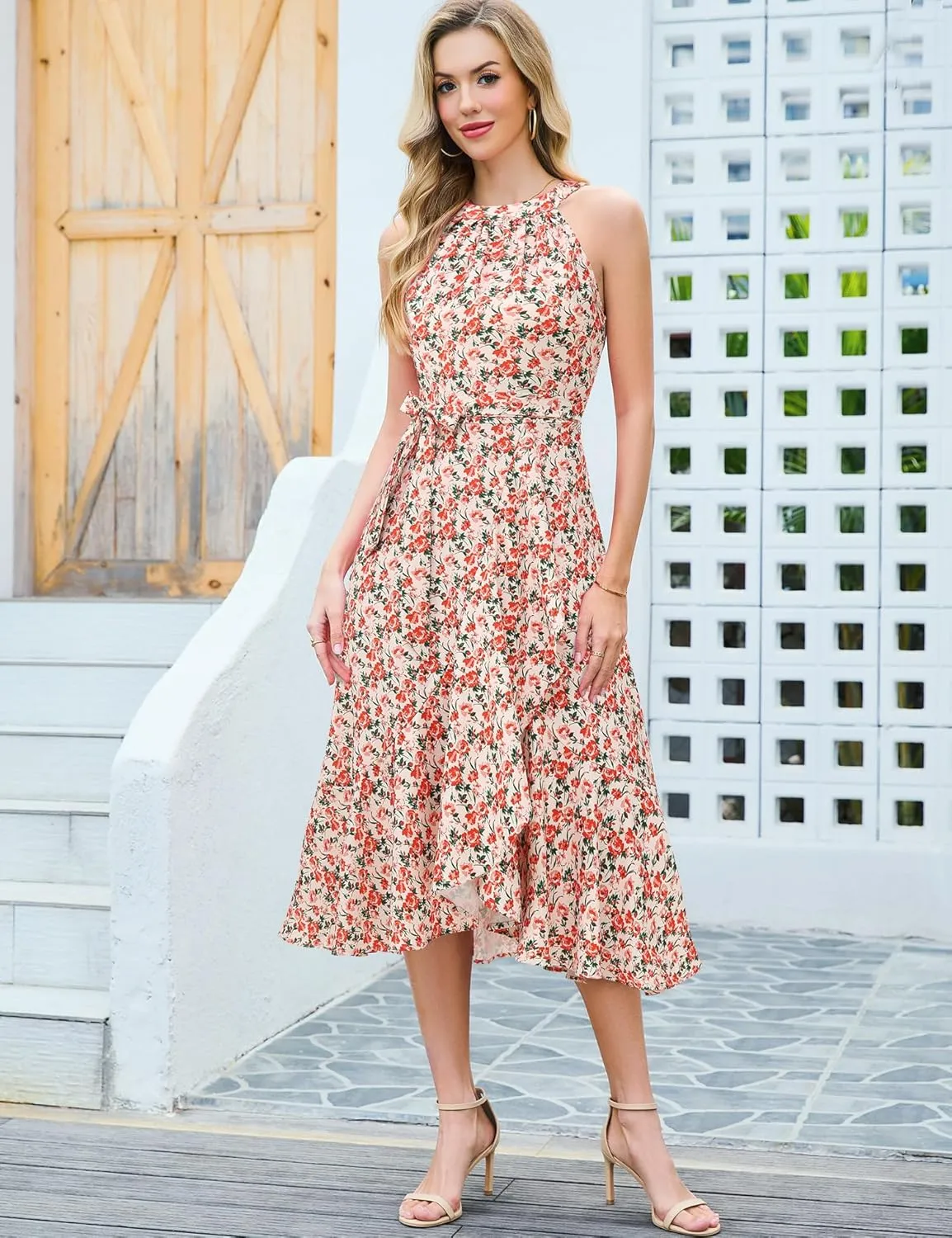 Dressystar Women's Floral Halter Dress 2025 Ruffles Long Summer Beach Wedding Guest Dresses Vacation Sundress