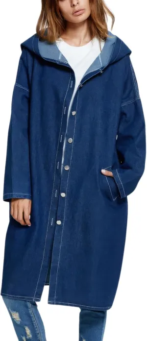 ebossy Women's Fall Fashion Button Up Long Oversized Hoodie Jean Jacket Hooded Denim Trench Coat