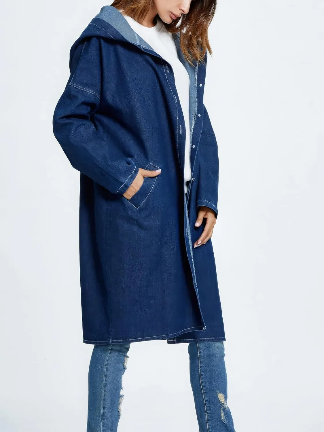 ebossy Women's Fall Fashion Button Up Long Oversized Hoodie Jean Jacket Hooded Denim Trench Coat