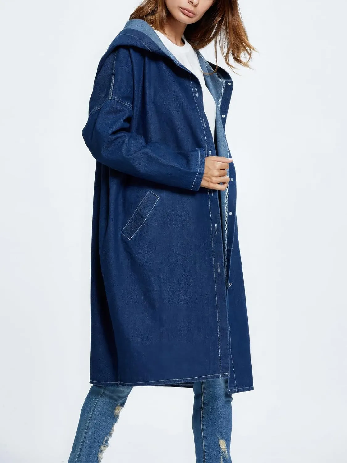 ebossy Women's Fall Fashion Button Up Long Oversized Hoodie Jean Jacket Hooded Denim Trench Coat