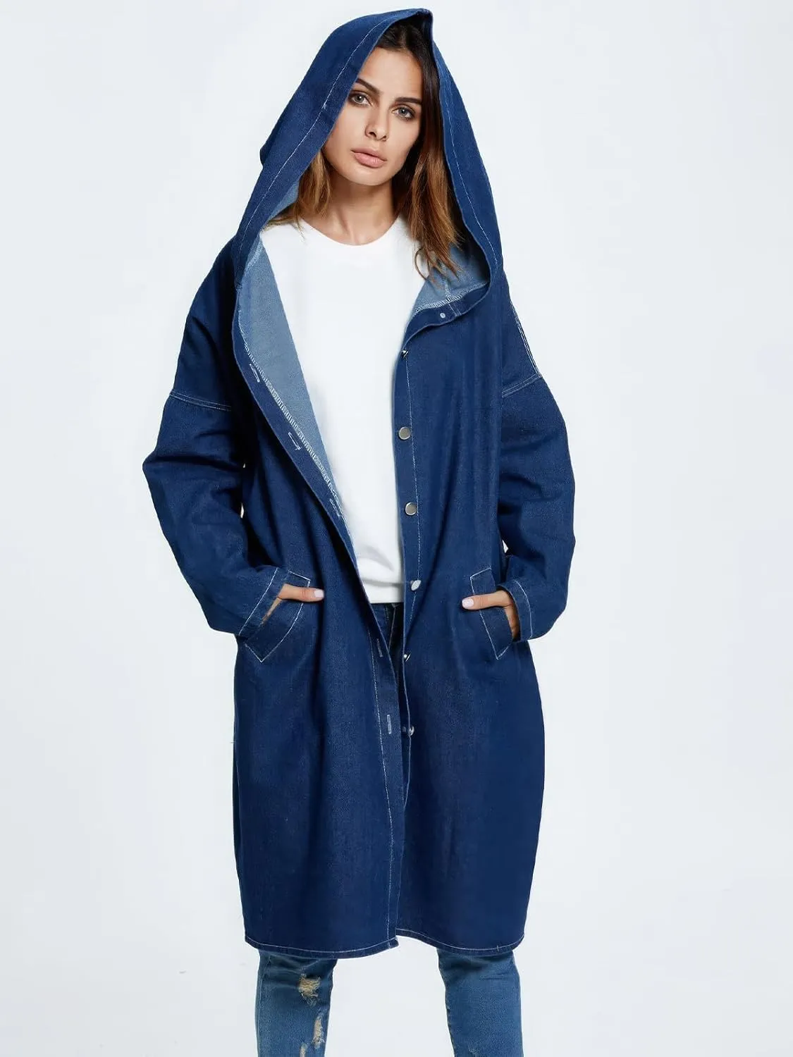 ebossy Women's Fall Fashion Button Up Long Oversized Hoodie Jean Jacket Hooded Denim Trench Coat