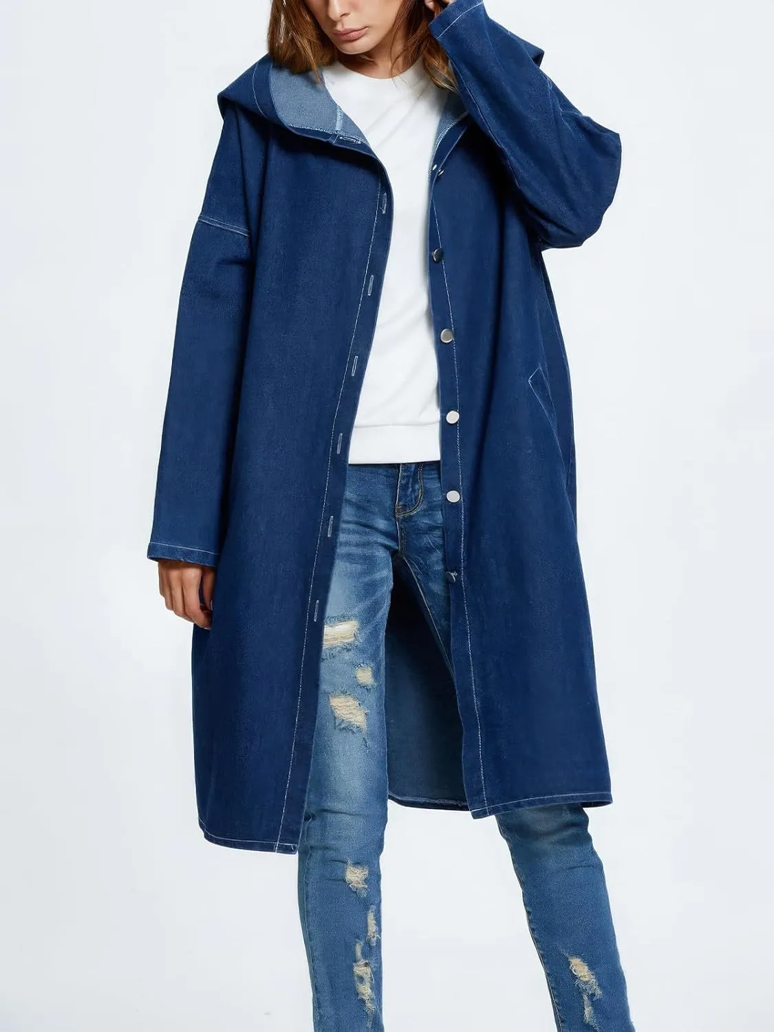 ebossy Women's Fall Fashion Button Up Long Oversized Hoodie Jean Jacket Hooded Denim Trench Coat