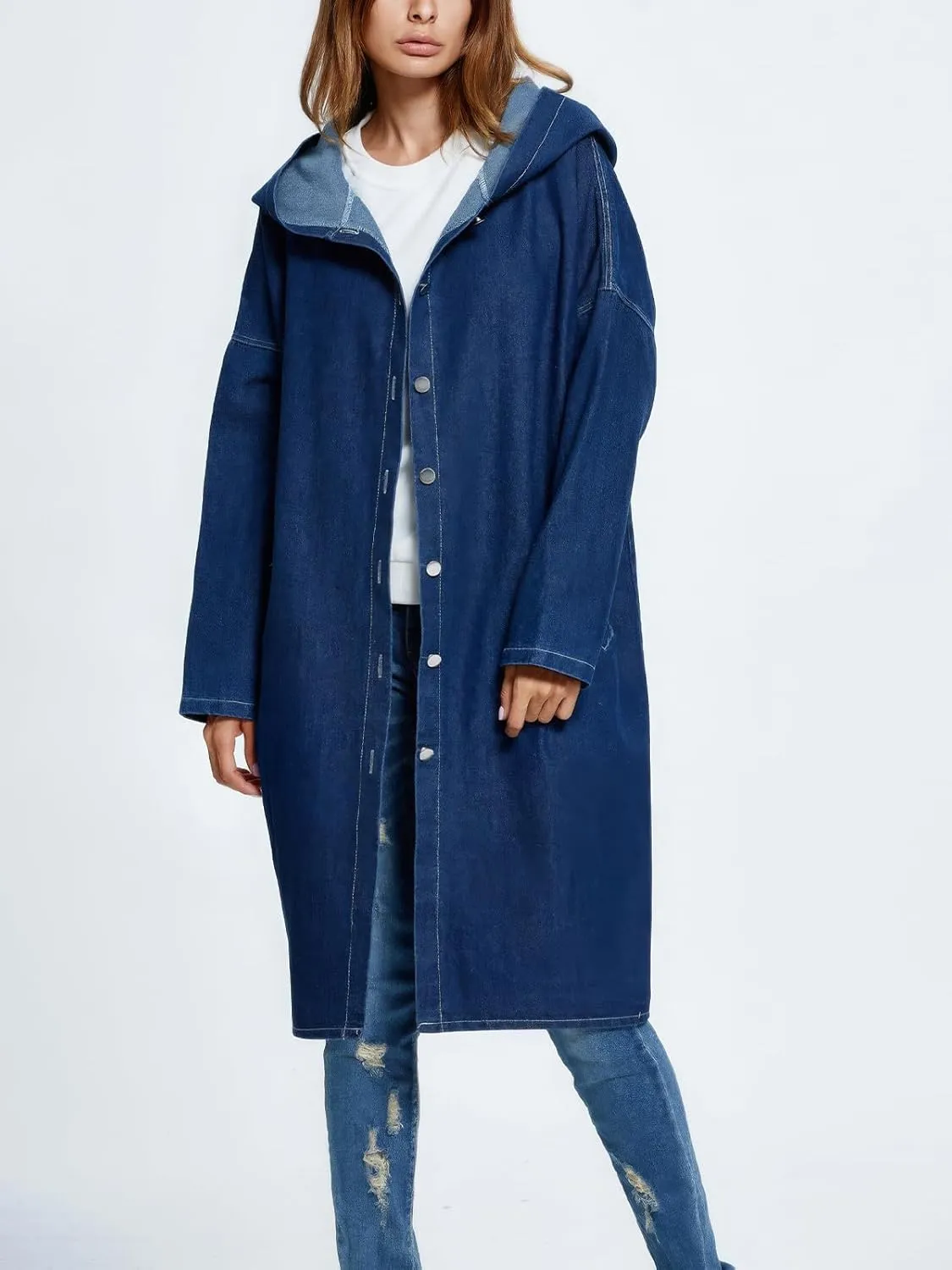 ebossy Women's Fall Fashion Button Up Long Oversized Hoodie Jean Jacket Hooded Denim Trench Coat