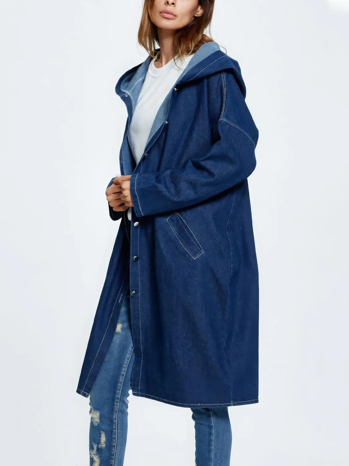 ebossy Women's Fall Fashion Button Up Long Oversized Hoodie Jean Jacket Hooded Denim Trench Coat