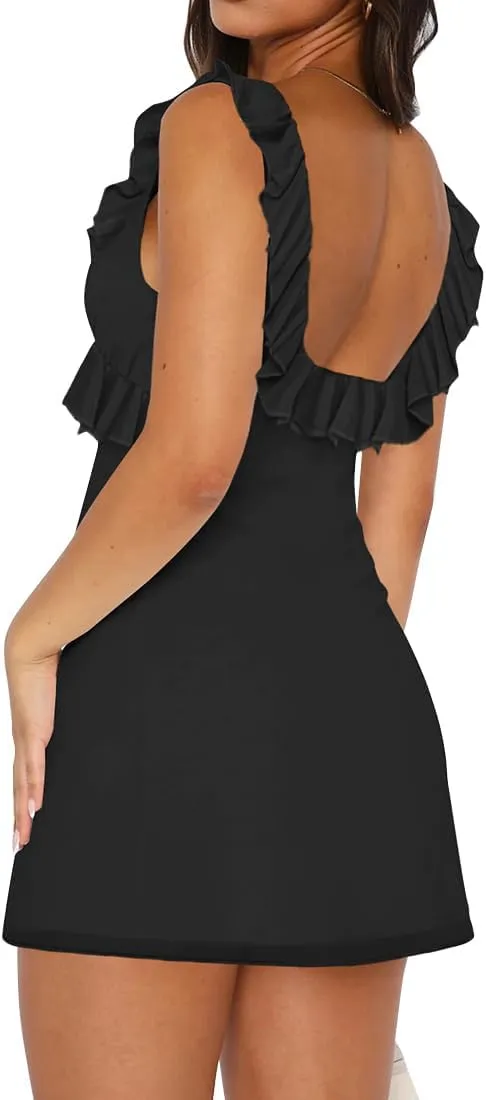 EUDOLAH Women Ruffles Night Out Dress Sleeveless Backless Mini Dress V Neck Mesh Party Cocktail Club Dresses