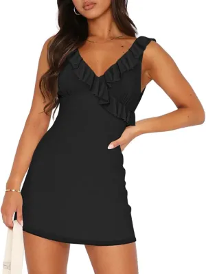 EUDOLAH Women Ruffles Night Out Dress Sleeveless Backless Mini Dress V Neck Mesh Party Cocktail Club Dresses
