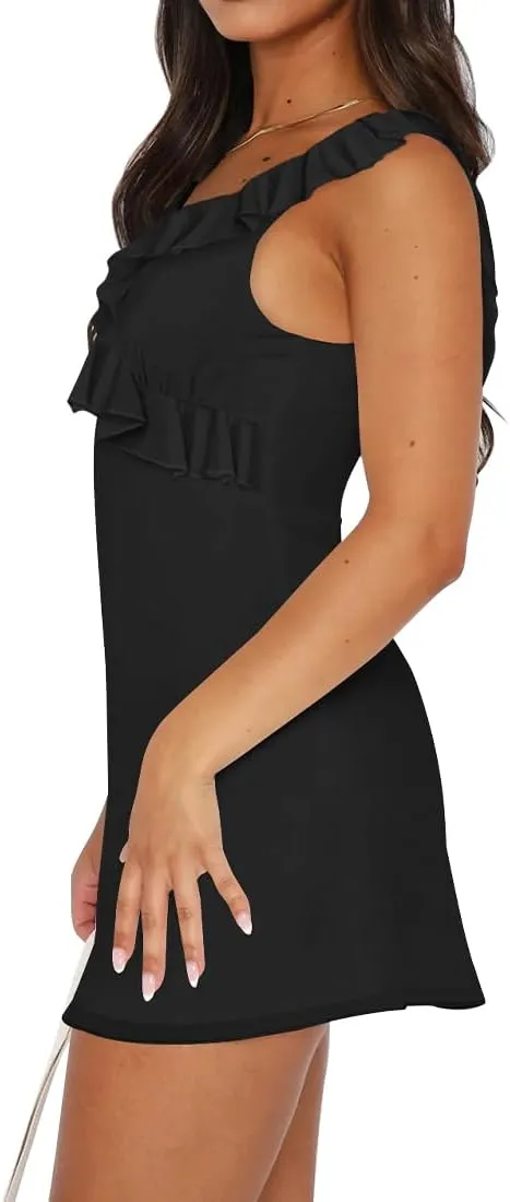 EUDOLAH Women Ruffles Night Out Dress Sleeveless Backless Mini Dress V Neck Mesh Party Cocktail Club Dresses