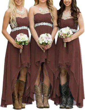 EUMI Chiffon Bridesmaid Dresses High Low Strapless Country Bridal Wedding Party Gowns
