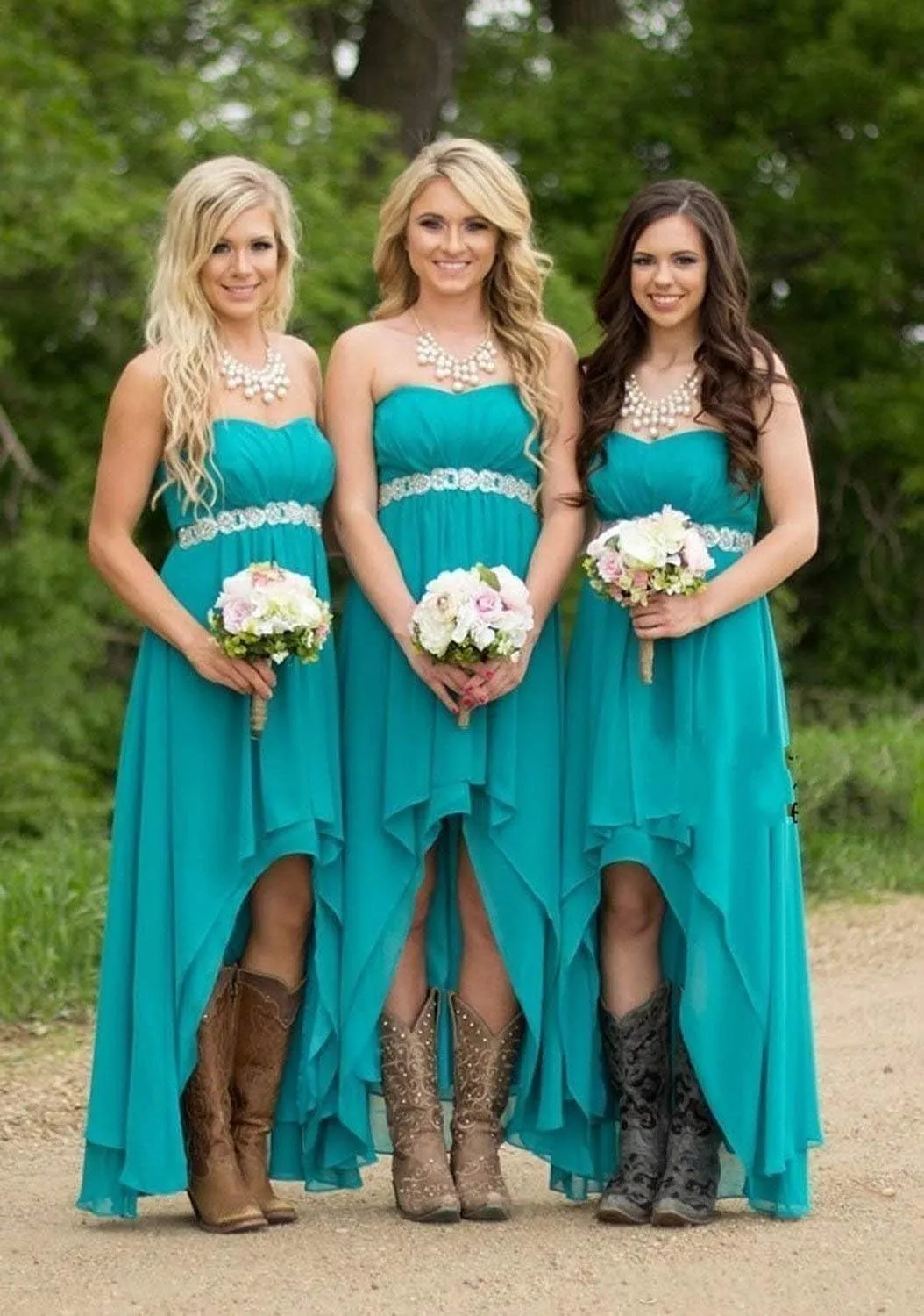 EUMI Chiffon Bridesmaid Dresses High Low Strapless Country Bridal Wedding Party Gowns