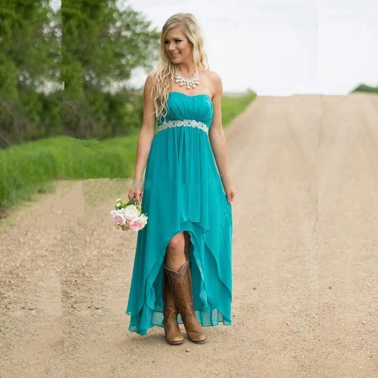 EUMI Chiffon Bridesmaid Dresses High Low Strapless Country Bridal Wedding Party Gowns