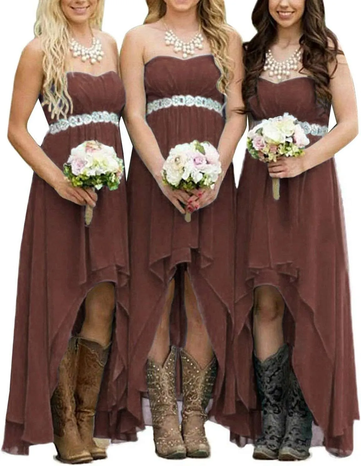 EUMI Chiffon Bridesmaid Dresses High Low Strapless Country Bridal Wedding Party Gowns