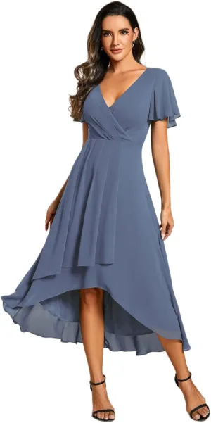 Ever-Pretty Women's A Line V Neck Ruffle Sleeves Pleated High Low Formal Dresses 02084
