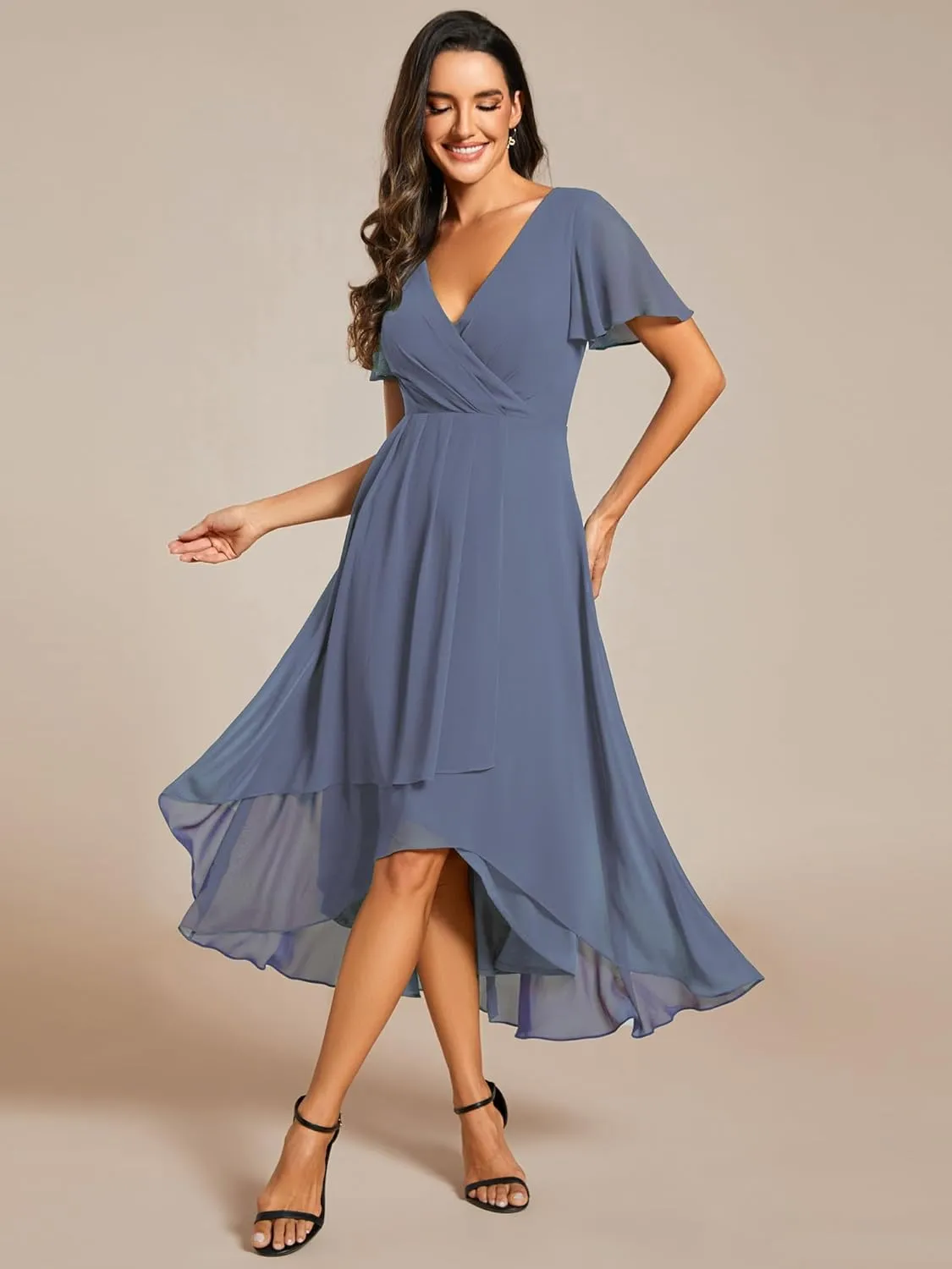 Ever-Pretty Women's A Line V Neck Ruffle Sleeves Pleated High Low Formal Dresses 02084