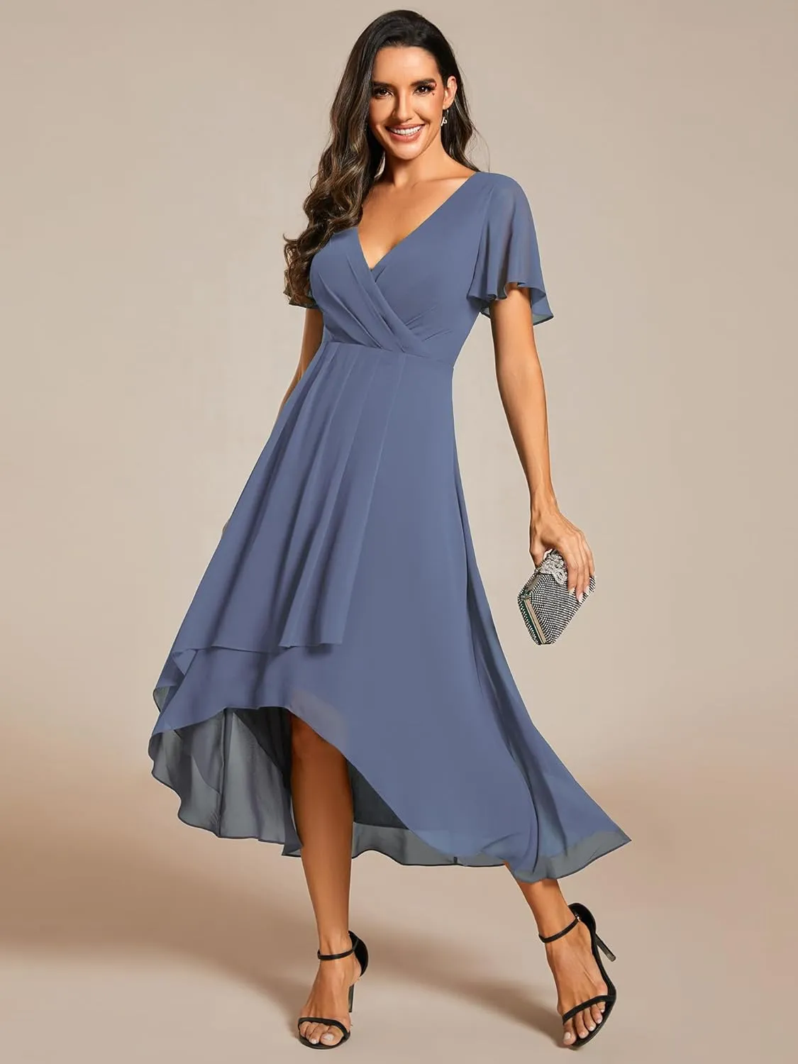 Ever-Pretty Women's A Line V Neck Ruffle Sleeves Pleated High Low Formal Dresses 02084