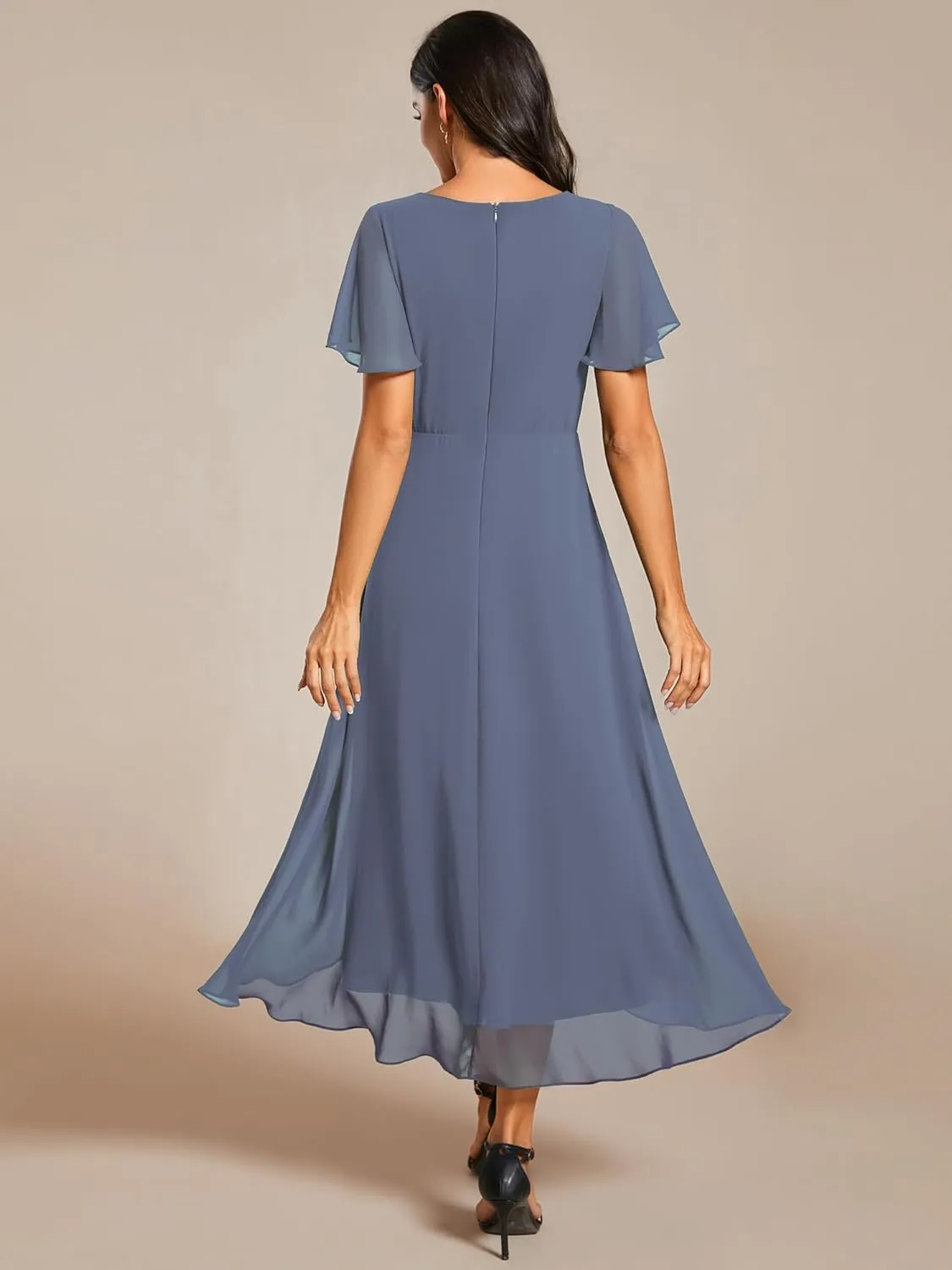 Ever-Pretty Women's A Line V Neck Ruffle Sleeves Pleated High Low Formal Dresses 02084