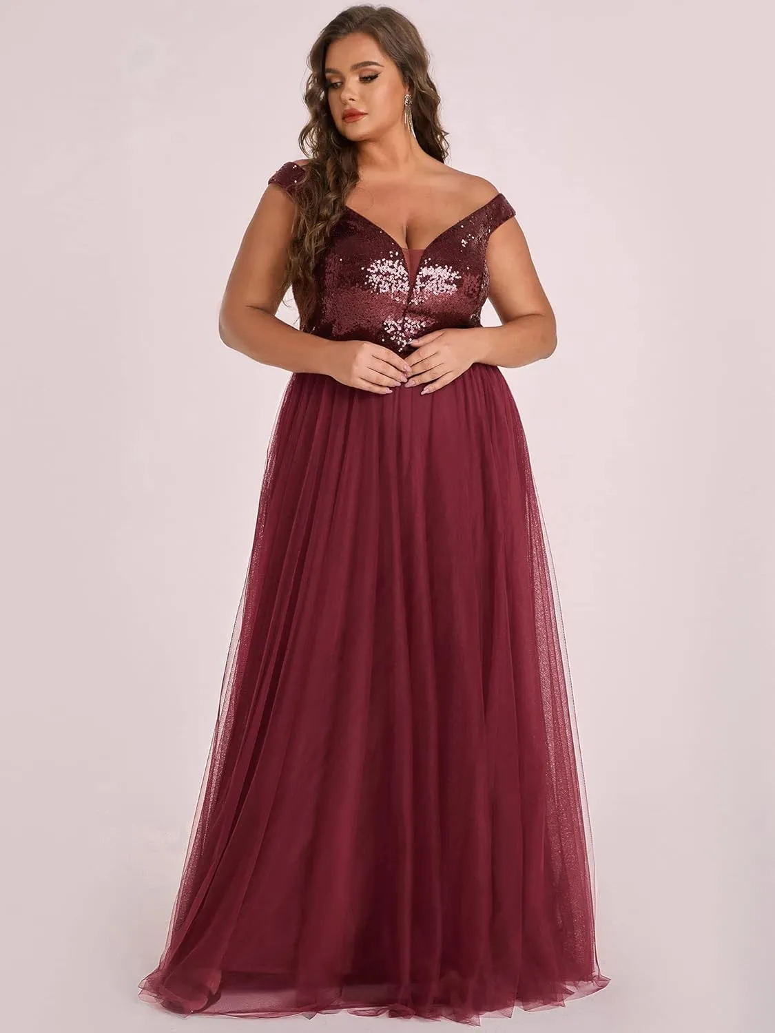 Ever-Pretty Women's Plus Size V Neck Sequin Tulle A Line Formal Evening Dress 0277-PZUSA