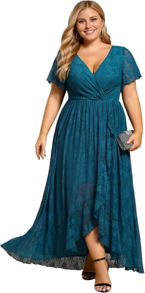 Ever-Pretty Women's V Neck Ruffles Sleeves High Low Lace Plus Size Summer Cocktail Party Wedding Guest Dresses 01489-DAPH