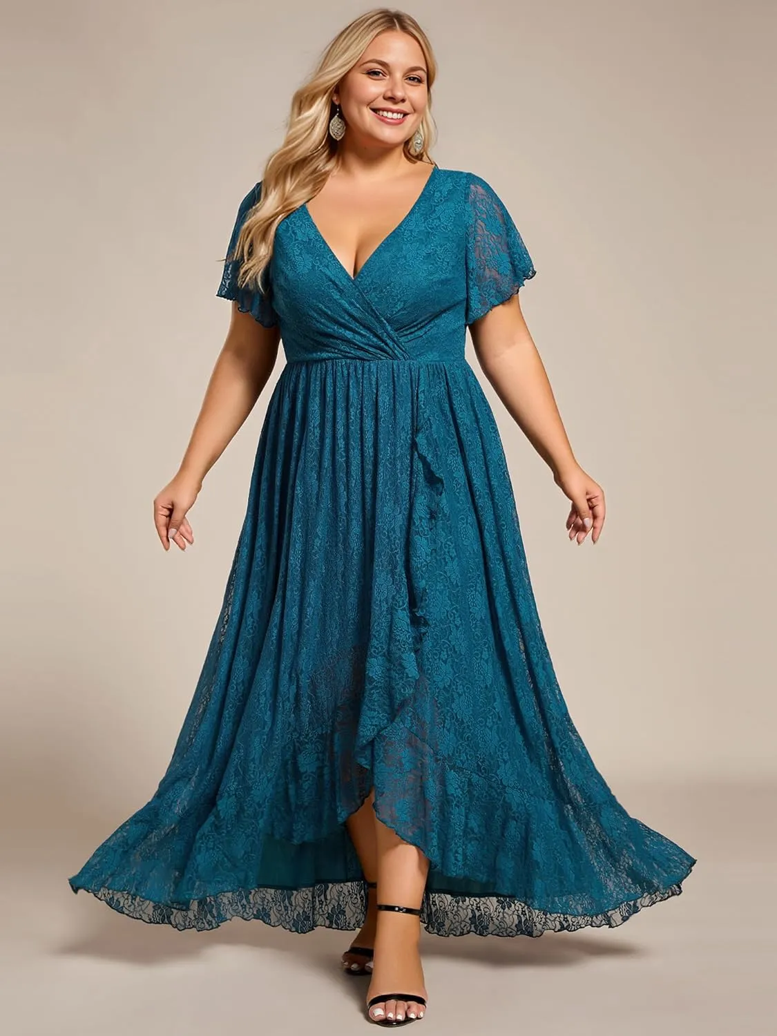 Ever-Pretty Women's V Neck Ruffles Sleeves High Low Lace Plus Size Summer Cocktail Party Wedding Guest Dresses 01489-DAPH