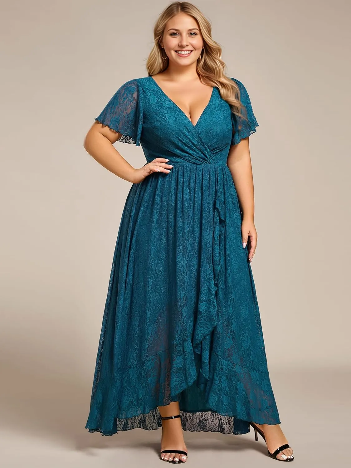 Ever-Pretty Women's V Neck Ruffles Sleeves High Low Lace Plus Size Summer Cocktail Party Wedding Guest Dresses 01489-DAPH