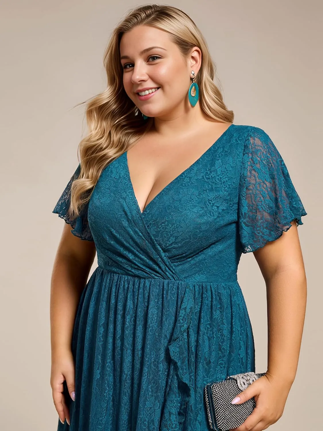 Ever-Pretty Women's V Neck Ruffles Sleeves High Low Lace Plus Size Summer Cocktail Party Wedding Guest Dresses 01489-DAPH