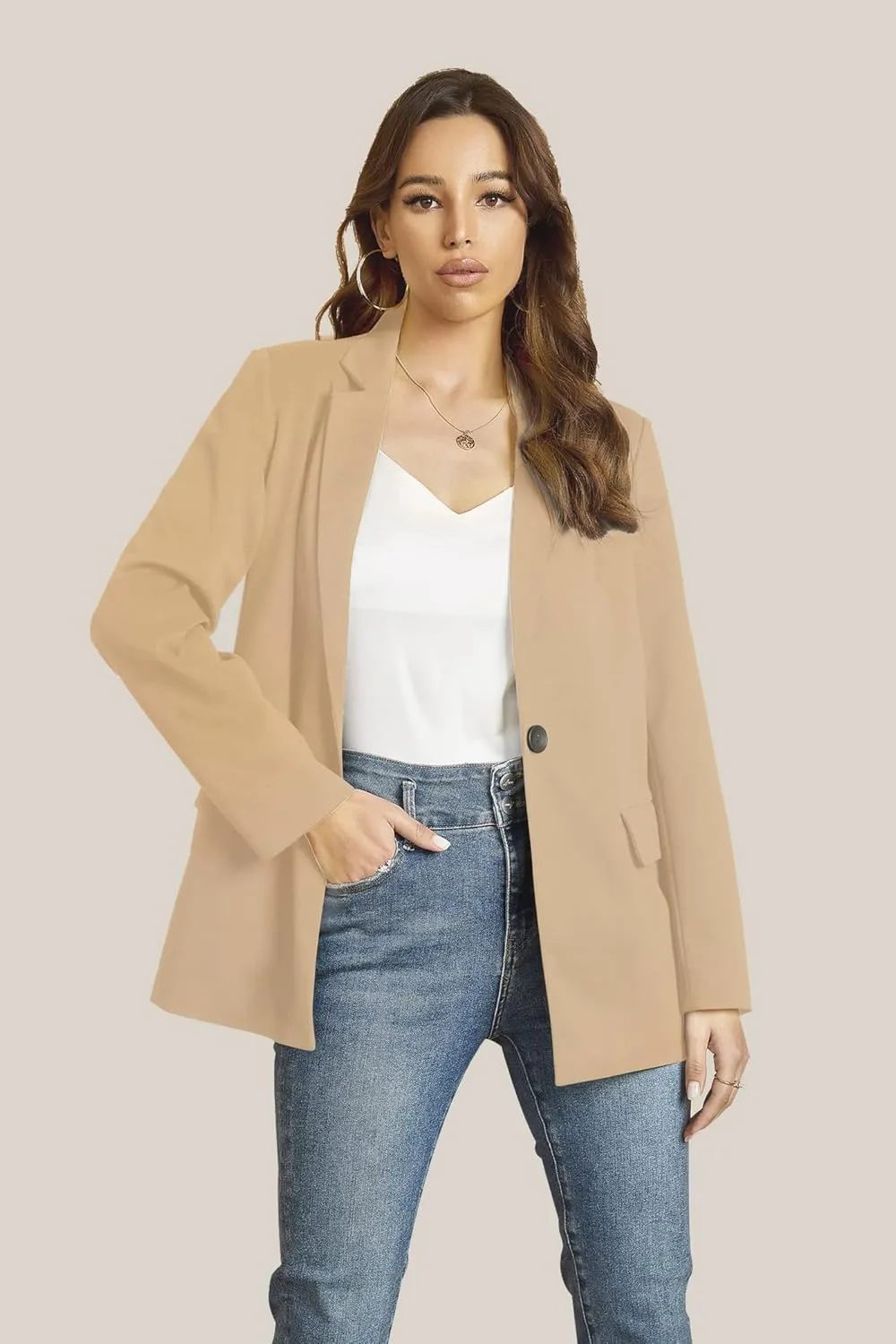 EXTRO&VERT Women Blazer Lightweight Long Sleeves Single Button Slim Casual Business Office Outfit