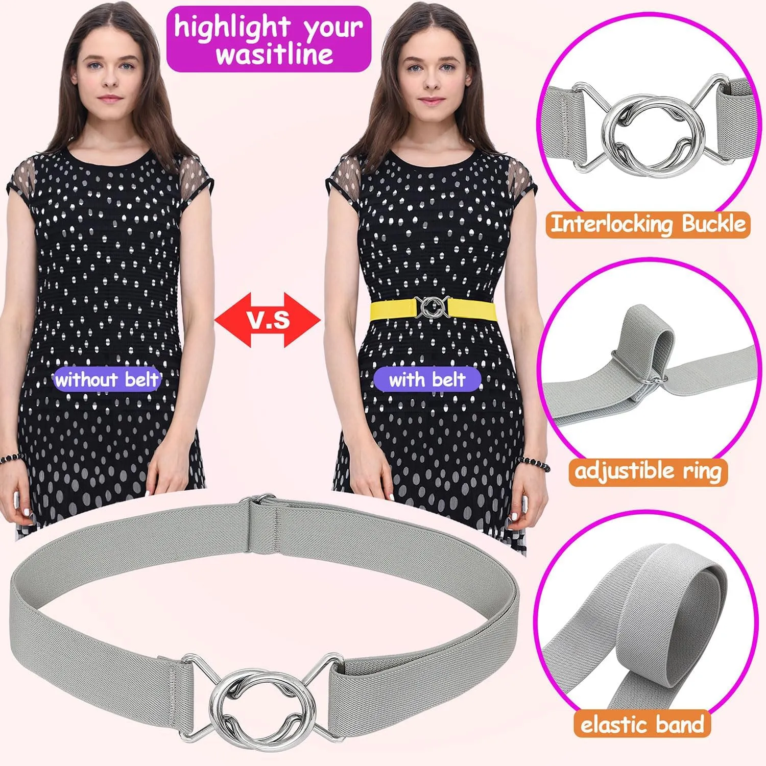 Falari Womens Stretch Belt Adjustable Web Belt Metal Buckle All Occasion Dress Belt
