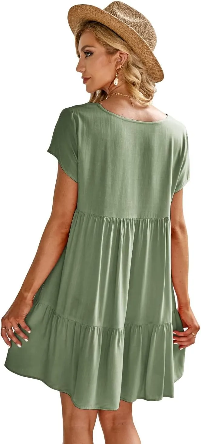 Fangetey Women's V-Neck Tunic Dresses Short Sleeve Button Down Loose Casual Summer Short Flowy Swing Dress
