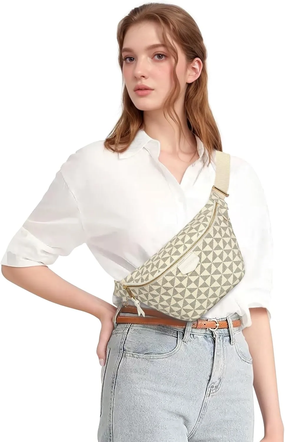 Fanny Pack Crossbody Bags for Women, Small Sling Bag, Vegan Leather Belt Chest Bum Bag, Checkered Designer Waist Pack Anti-Theft Travel Sport Camping Purse (knurling White)