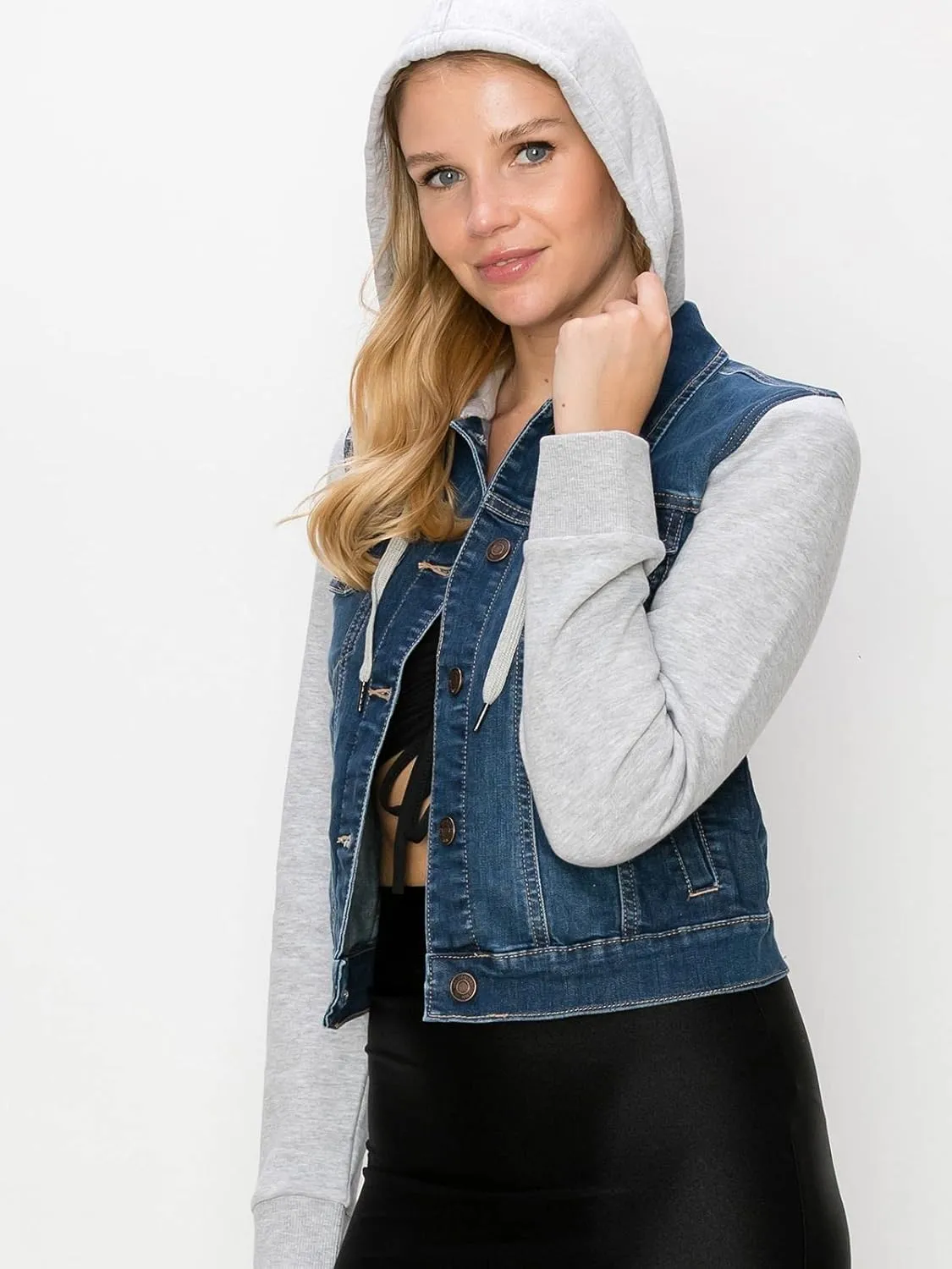 FashionMille Women Vintage Denim Trucker Jacket W/Long Fleece Sleeve