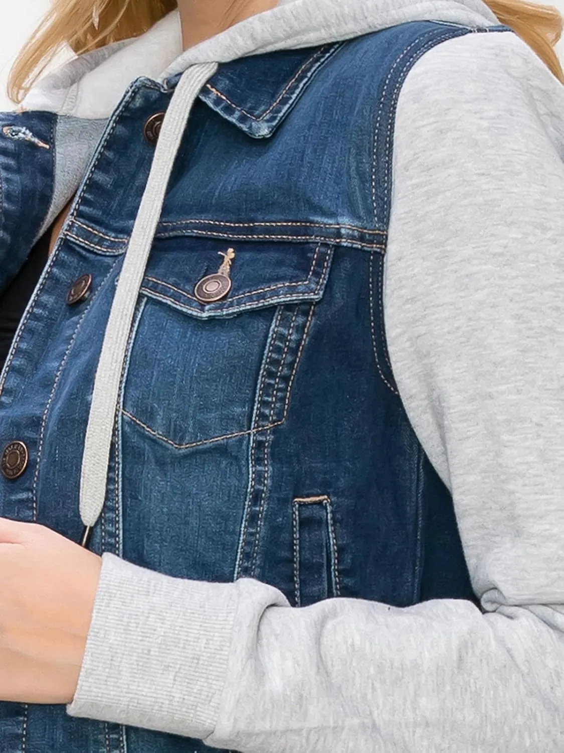 FashionMille Women Vintage Denim Trucker Jacket W/Long Fleece Sleeve