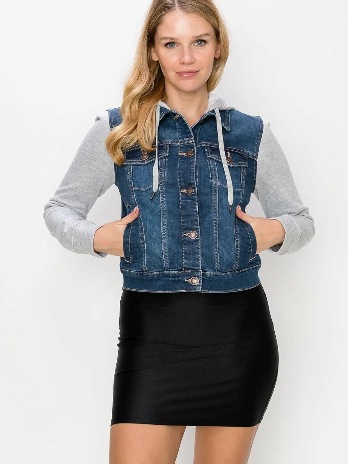 FashionMille Women Vintage Denim Trucker Jacket W/Long Fleece Sleeve