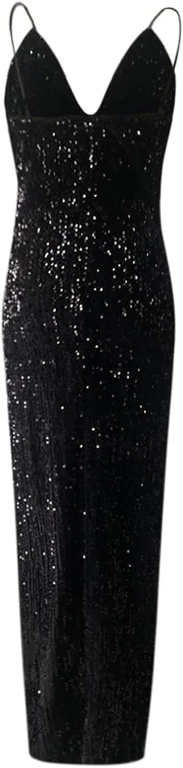 Firzero Women's Sequin Party Dress, V-Neck Sphagetti Strap Dress Sexy Side High Slit Dress, Women's Evening Dress Fashion Sleeveless Formal Evening Gowns