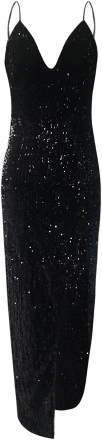 Firzero Women's Sequin Party Dress, V-Neck Sphagetti Strap Dress Sexy Side High Slit Dress, Women's Evening Dress Fashion Sleeveless Formal Evening Gowns
