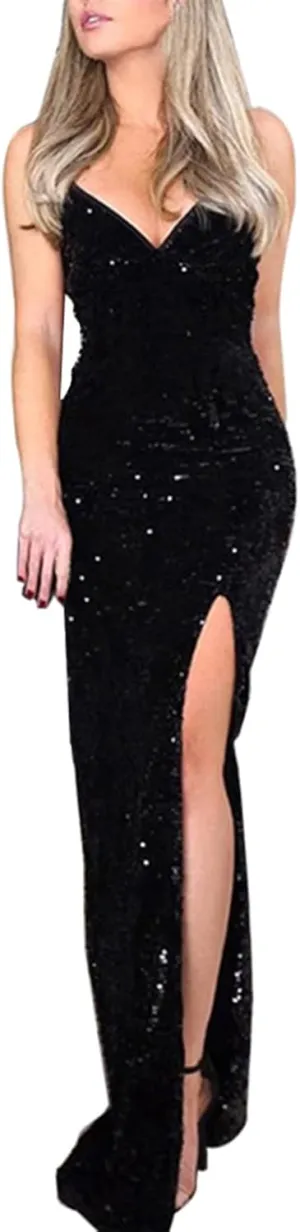 Firzero Women's Sequin Party Dress, V-Neck Sphagetti Strap Dress Sexy Side High Slit Dress, Women's Evening Dress Fashion Sleeveless Formal Evening Gowns