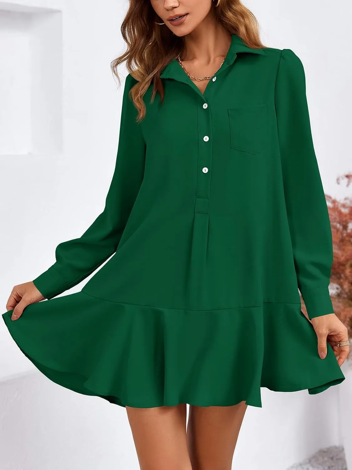 Fisoew Womens Casual Button Down Shirt Dress Long Sleeve Collared Pleated Swing Mini Dresses