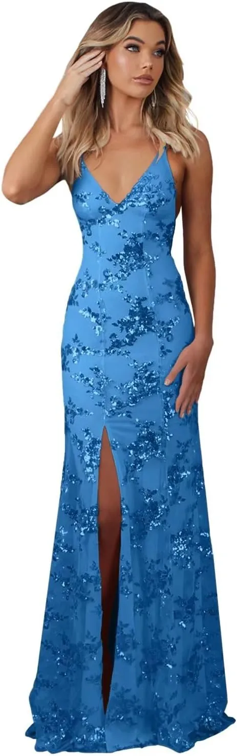Fivsole Sparkly Long Sequin Prom Dresses 2025 with Slit Mermaid Formal Evening Party Gowns