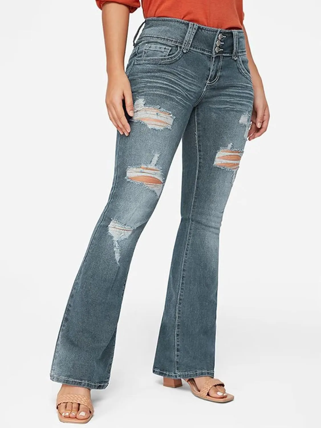 Flamingals Low Rise Ripped Bootcut Wide Leg Jeans for Women Stretchy Denim Pants