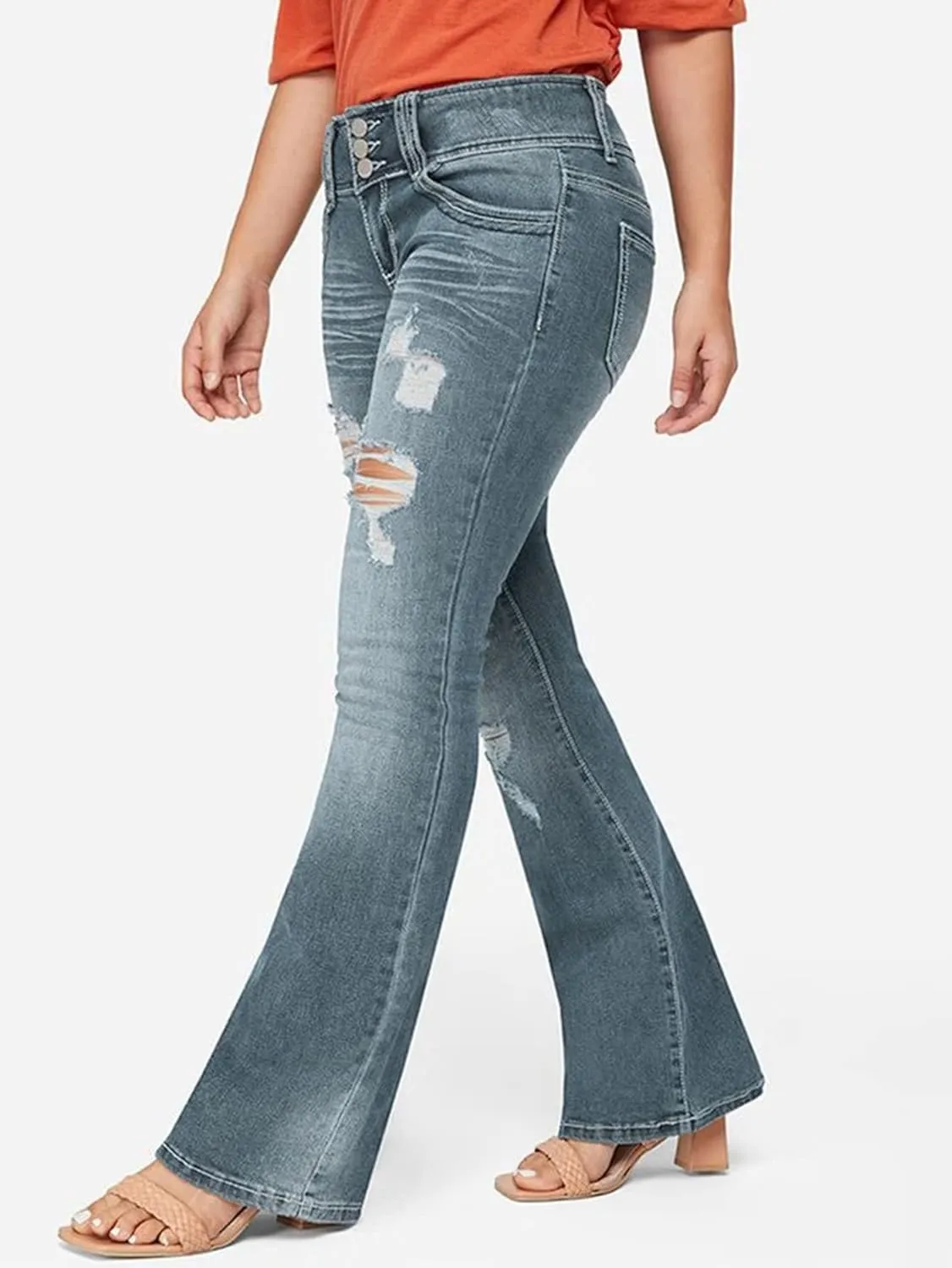 Flamingals Low Rise Ripped Bootcut Wide Leg Jeans for Women Stretchy Denim Pants