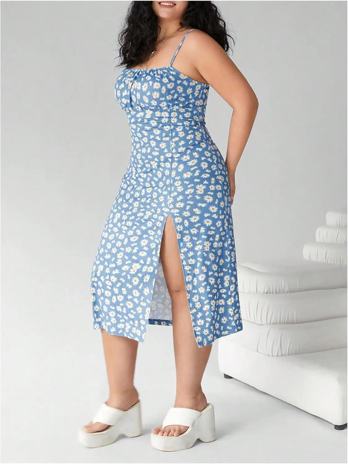 Floerns Women's Plus Size Floral Bodycon Dresses Spaghetti Strap Ruched Bust Slit Midi Dress