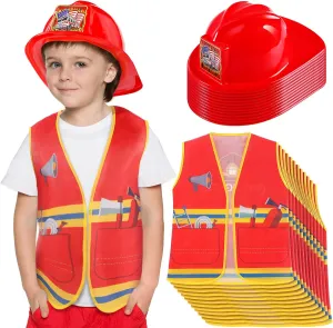 Geyoga 24 Pcs Fireman Costume Set for Kids, Fireman Role Play Party Supplies, Includes 12 Firefighter Helmet and 12 Vest for Kids Ages 3-8 Birthday Halloween Role Play Party Dress