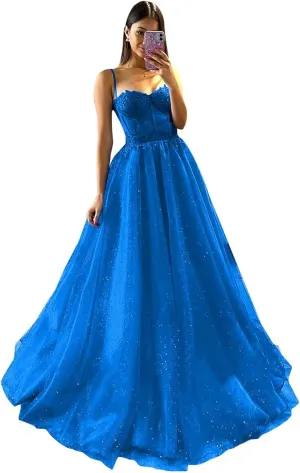 Glitter Tulle Prom Dresses Long 2023 Ball Gown Spaghetti Straps Sweetheart Lace Applique