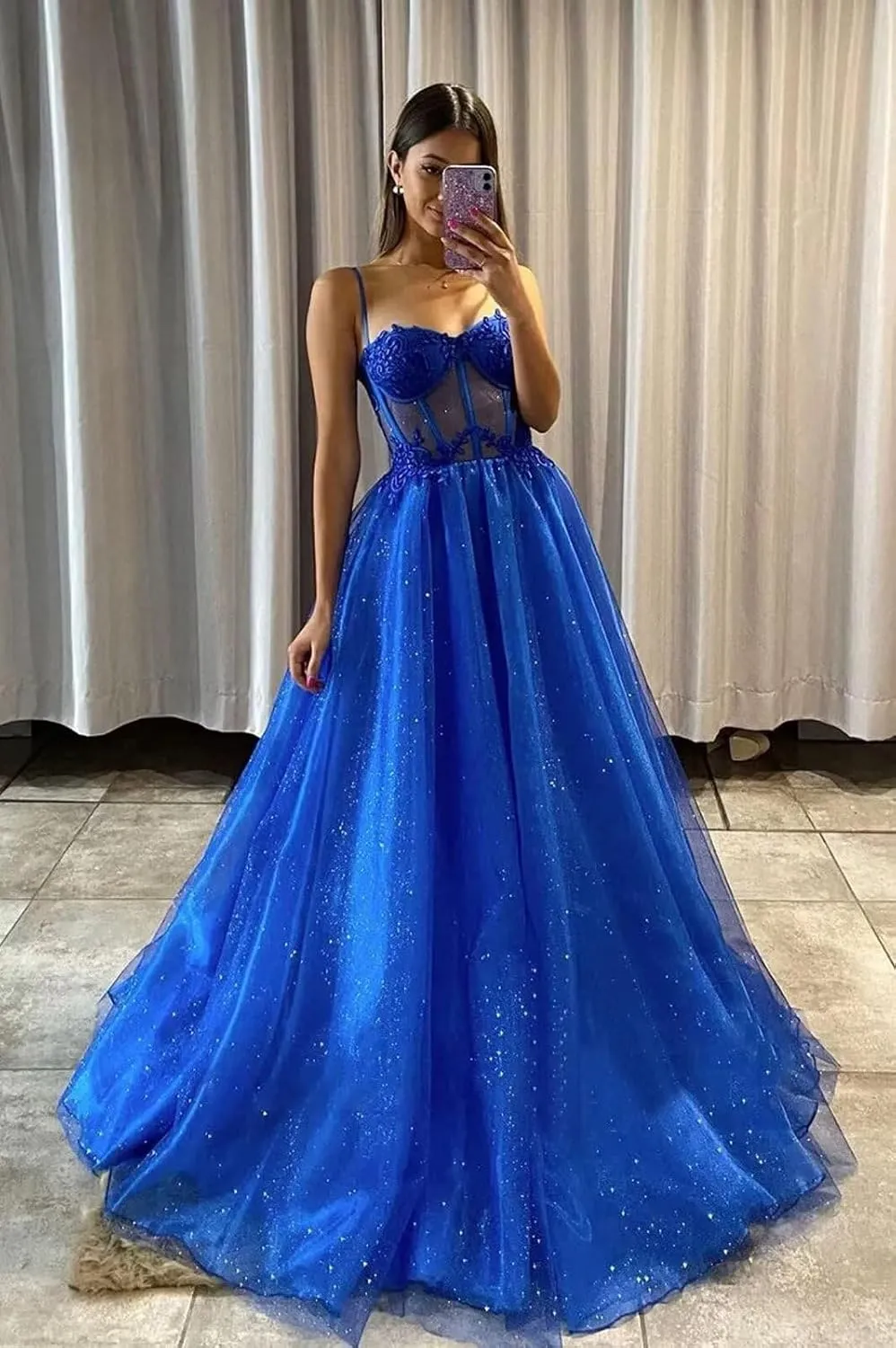 Glitter Tulle Prom Dresses Long 2023 Ball Gown Spaghetti Straps Sweetheart Lace Applique