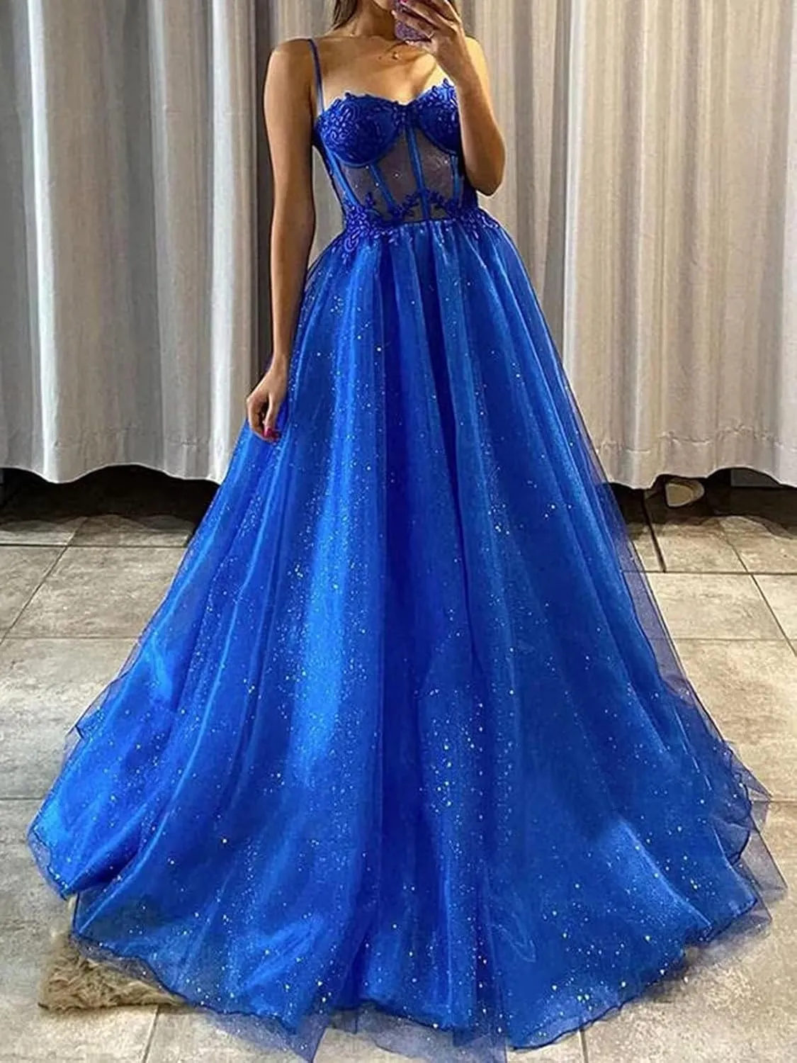 Glitter Tulle Prom Dresses Long 2023 Ball Gown Spaghetti Straps Sweetheart Lace Applique