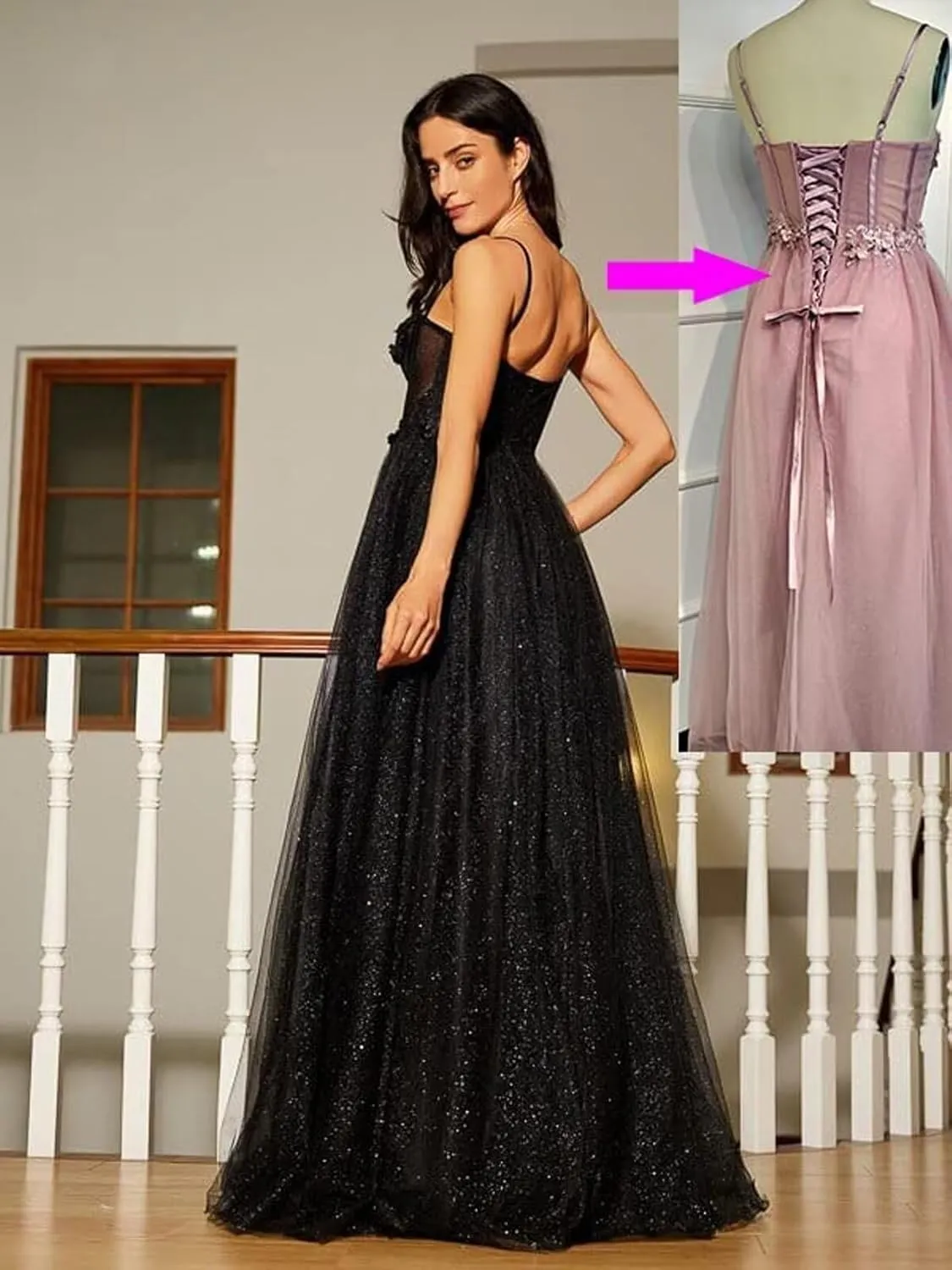 Glitter Tulle Prom Dresses Long 2023 Ball Gown Spaghetti Straps Sweetheart Lace Applique